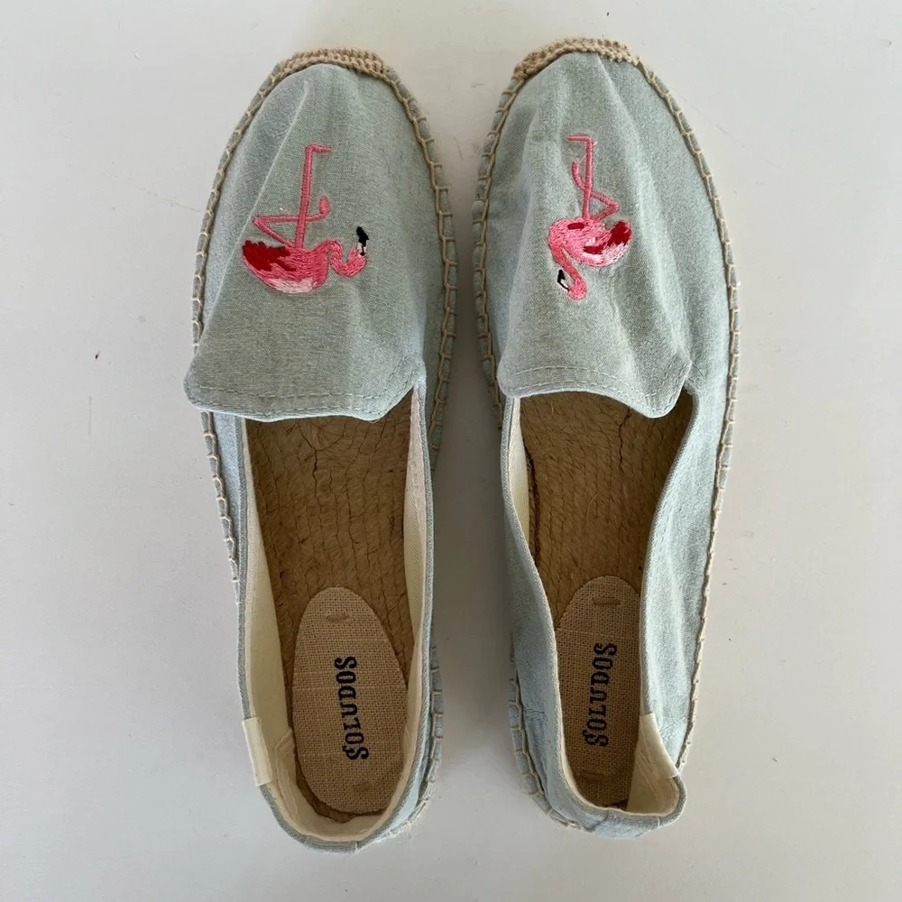 Soludos Flamingos Embroidered Espadrille Smoking Slipper, Light Blue, 9